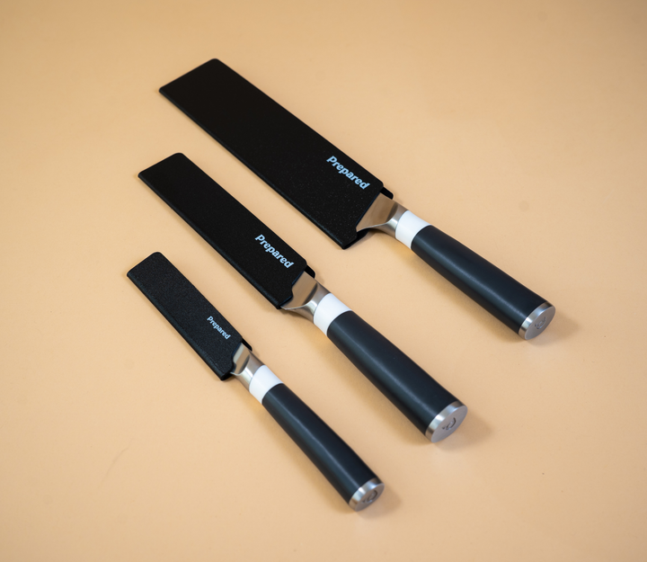 The Perfect Trio Knife Set with protective sheaths to help keep the blade clean and safe