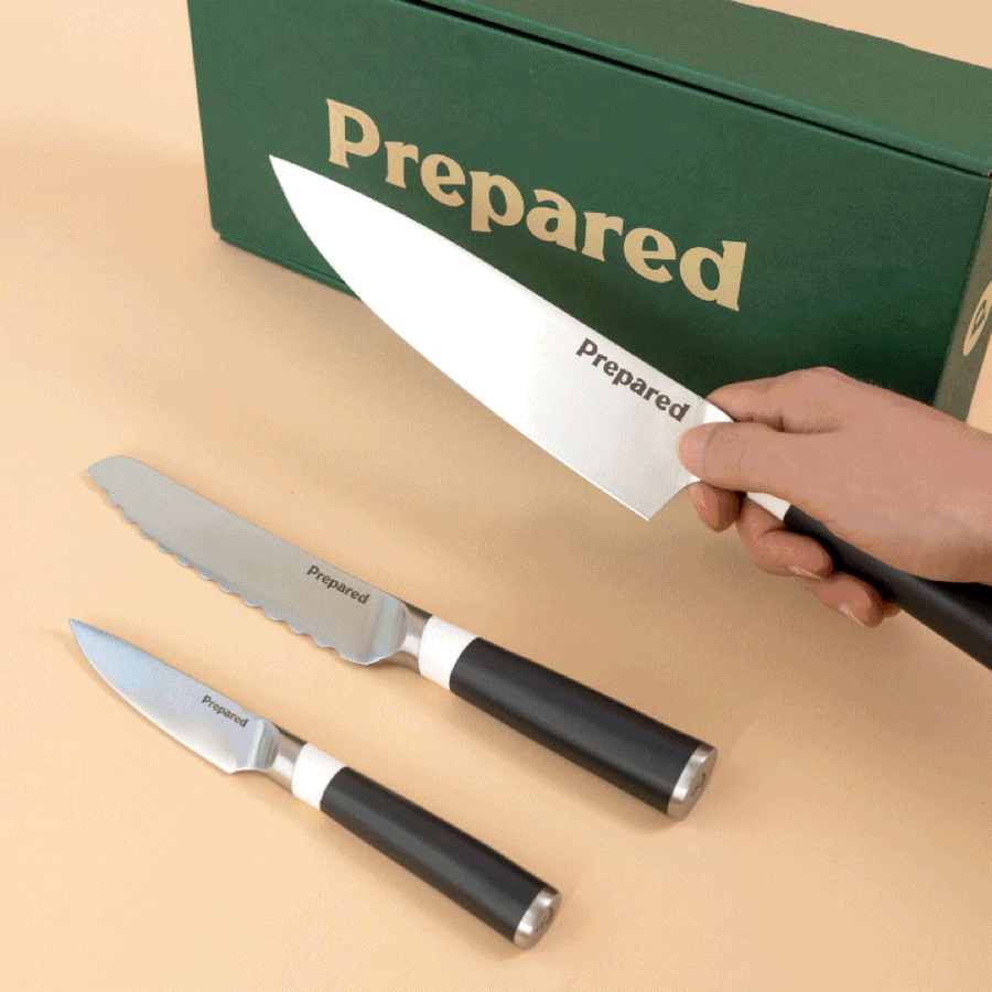 The Perfect Trio Knife set comes with three knives. The Chef's Knife, The Paring Knife and The Bread Knife.